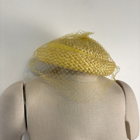 VTG 1940s 1950s Veiled Straw Woven Yellow Hat Headpiece Netting Union Made - Picture 1 of 5
